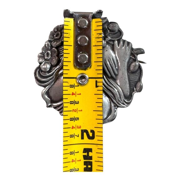 Elios 1990 Sterling over Pewter Art Deco Floral Woman Brooch Pin 2" Vtg Nouveau - Picture 4 of 6